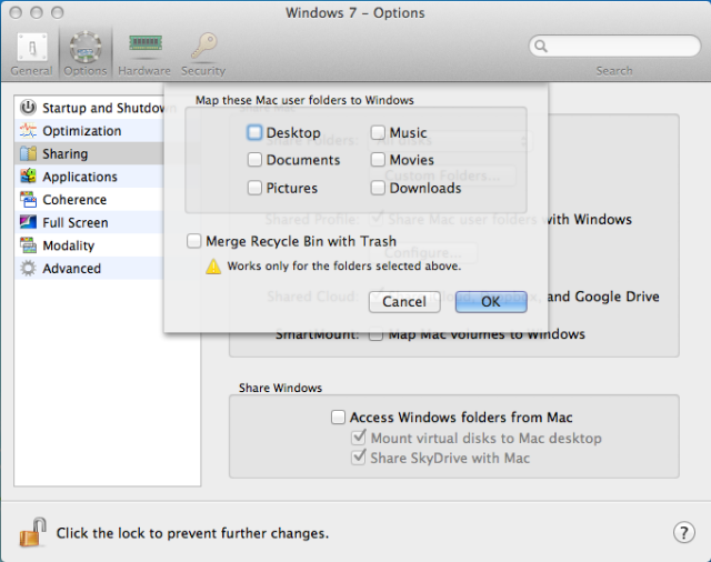 Parallels Sharing Settings